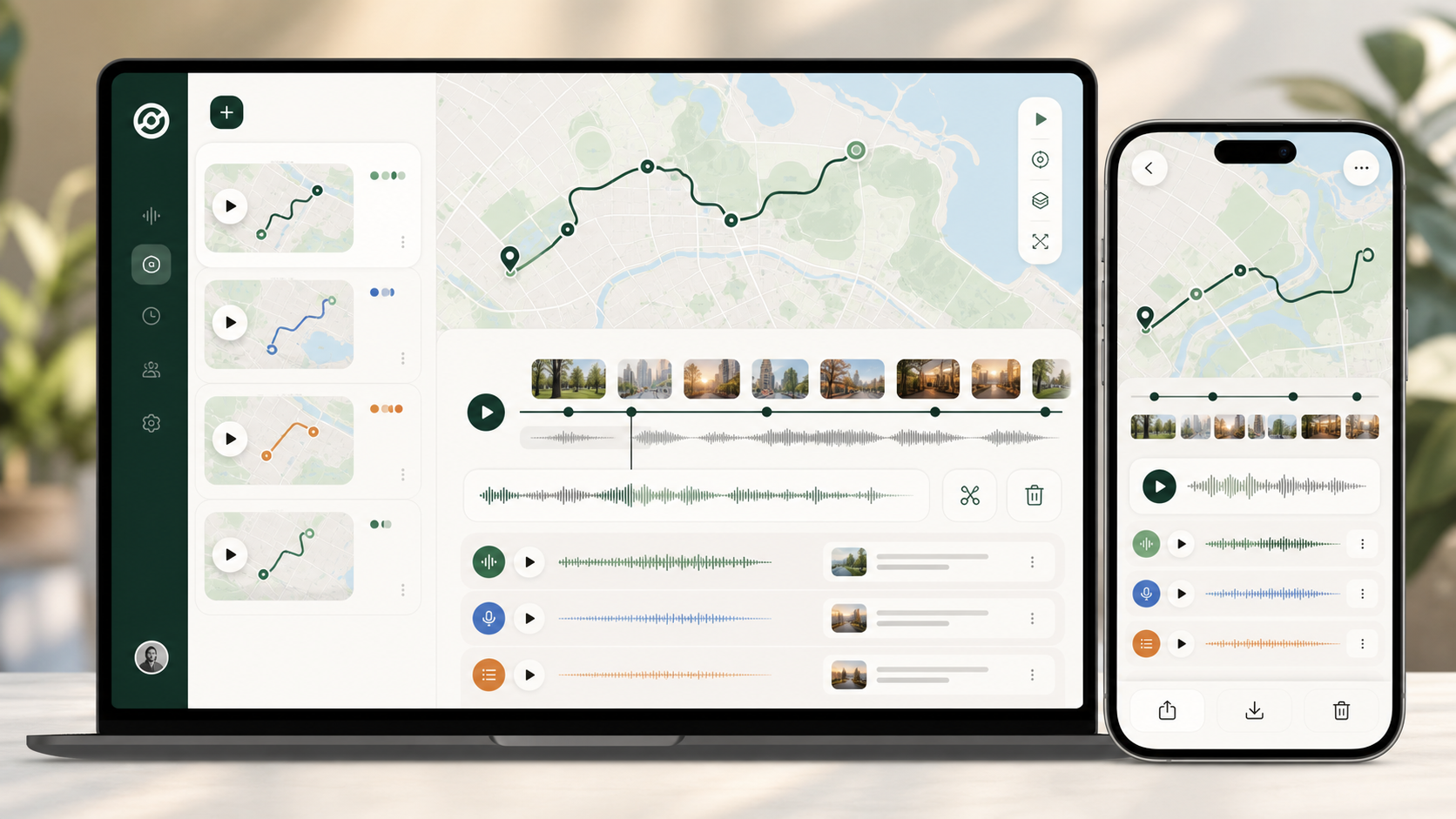 StringStep Step review with route replay, audio waveform, transcript, and controls