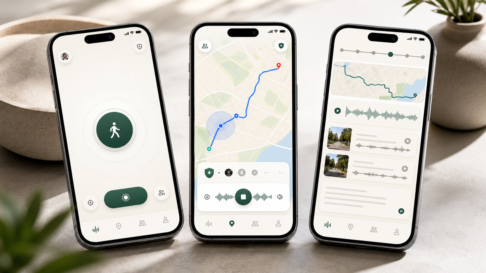 StringStep product screen montage showing start, live map, and review screens